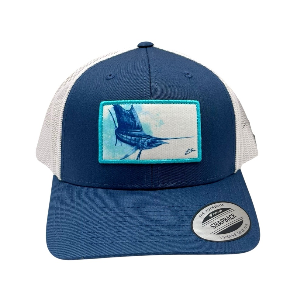 HUK Men's Trucker Hat Sargasso Sea Mesh Fishing Cap Snapback Patch Light Blue